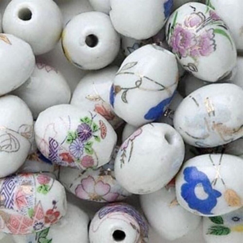 8 White Handmade Porcelain Oval Mixed Flower Beads